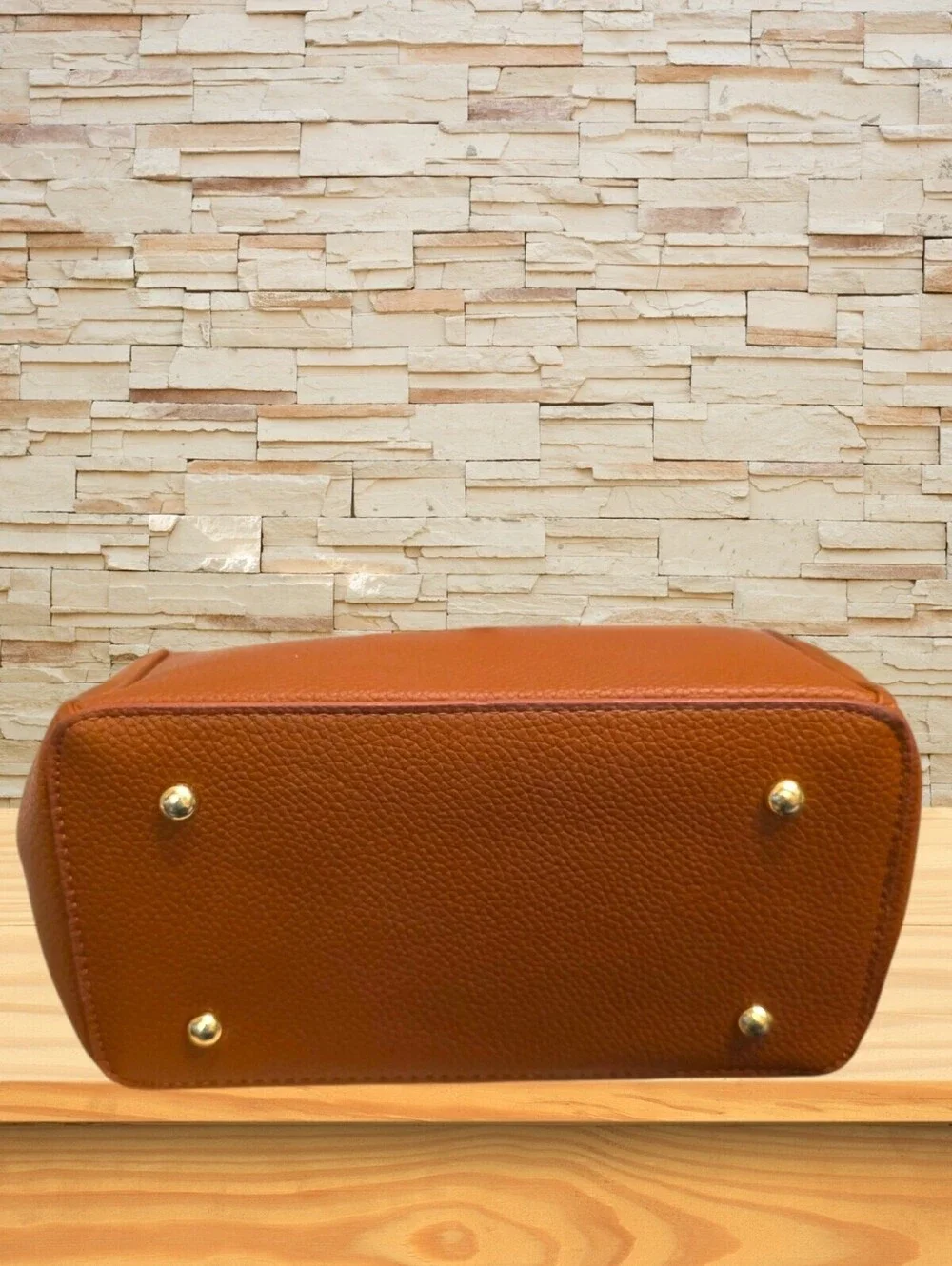 Pebbled Faux Leather Designer Style Cognac Satchel Crossbody Gold Accents
